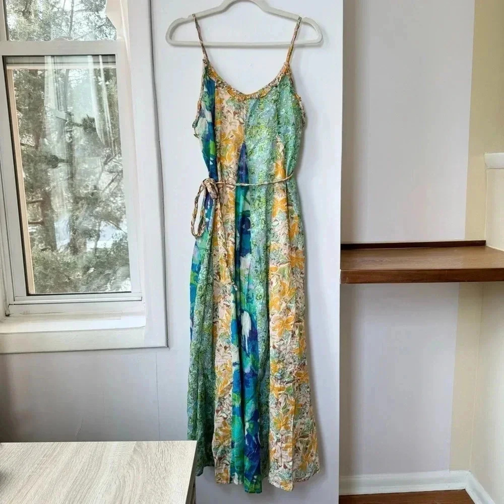 New Free People Moondive Boho Floral Maxi Dress Green XS